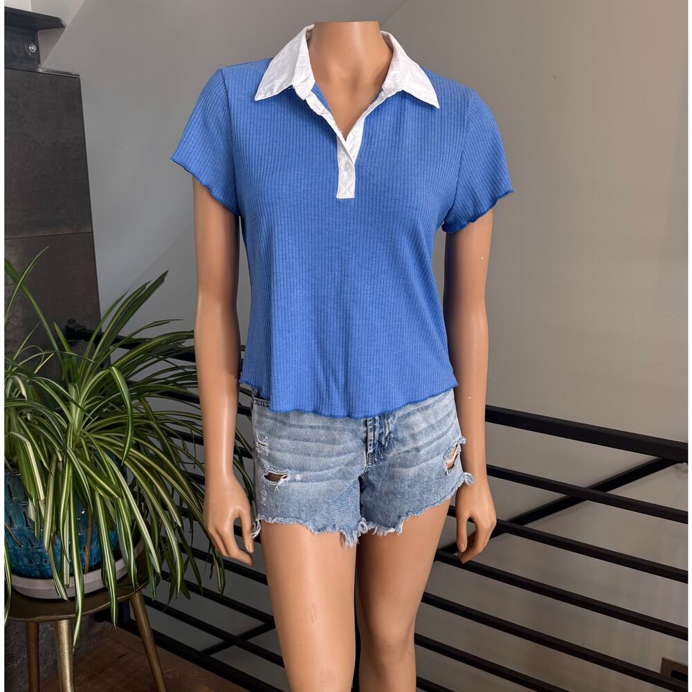 Blue Rain of Francesca’s Faye Blue Ribbed Lettuce Edge Rugby Polo Top -  XL